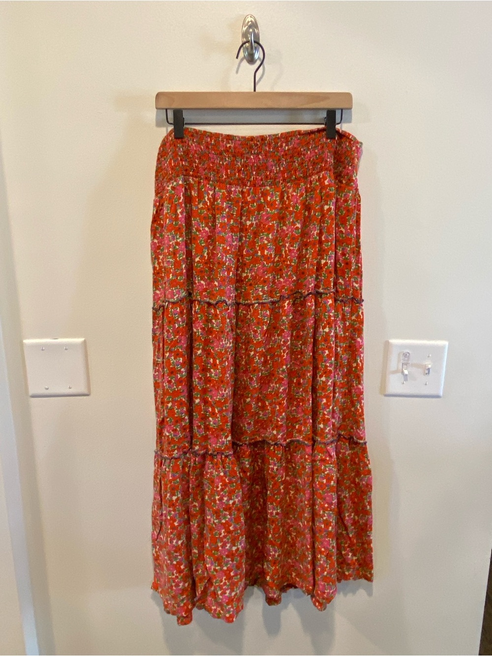 Natural life womens smocked tiered
Floral maxi skirt size XL red boho cottage
